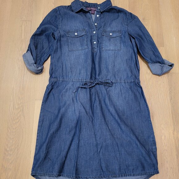 Gloria Vanderbilt Dress Denim Above Knee XS Chambray Roll Tab Sleeve Drawstring - Picture 2 of 14